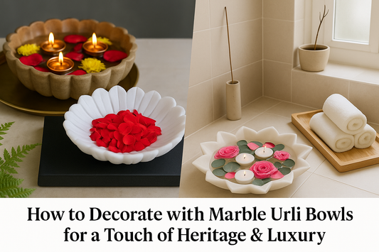 A photograph showcases three marble urli bowls, each styled with floating flowers, candles, and greenery, arranged elegantly on a wooden surface as luxurious home decor accents.