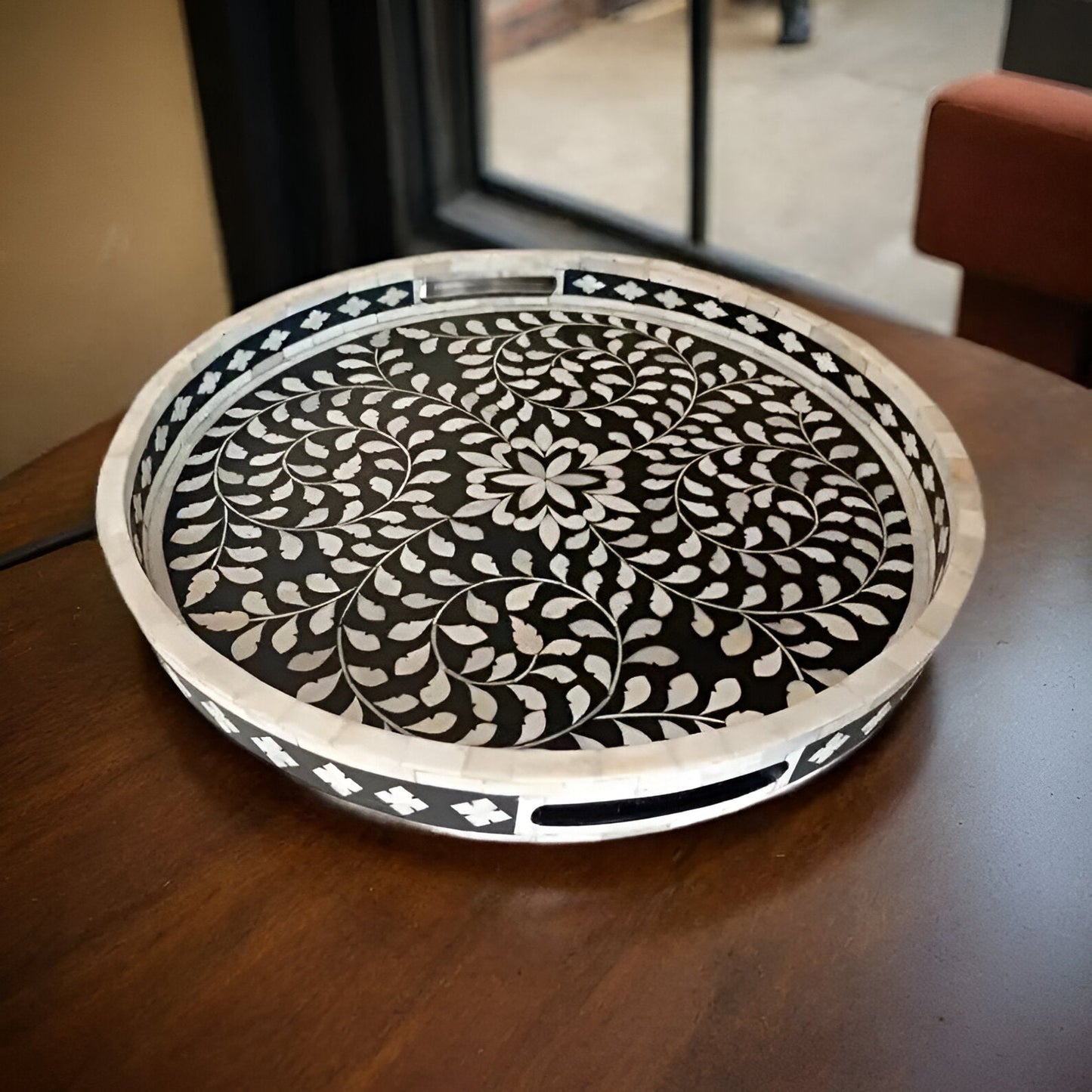 Handmade Customized Bone Inlay Round Serving Tray