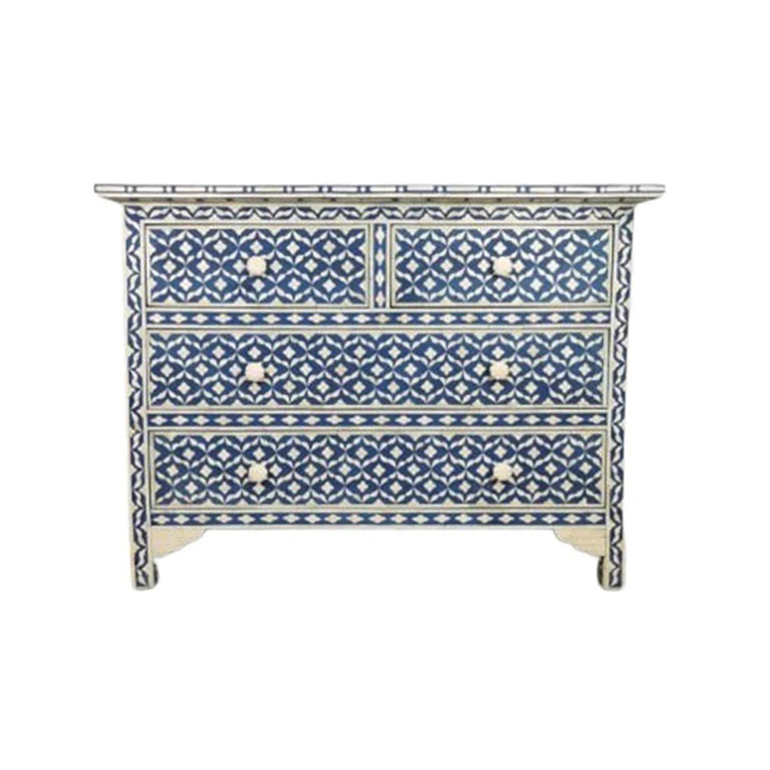 Bone Inlay Chest Of 4 Drawers , Eye Pattern In Indigo