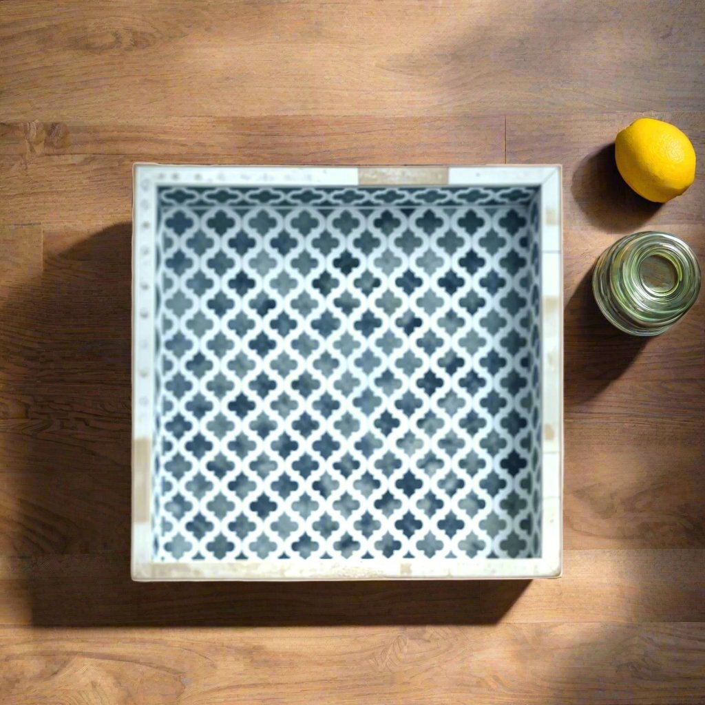 Bone Inlay Tray in geometrical and floral Design - Blue