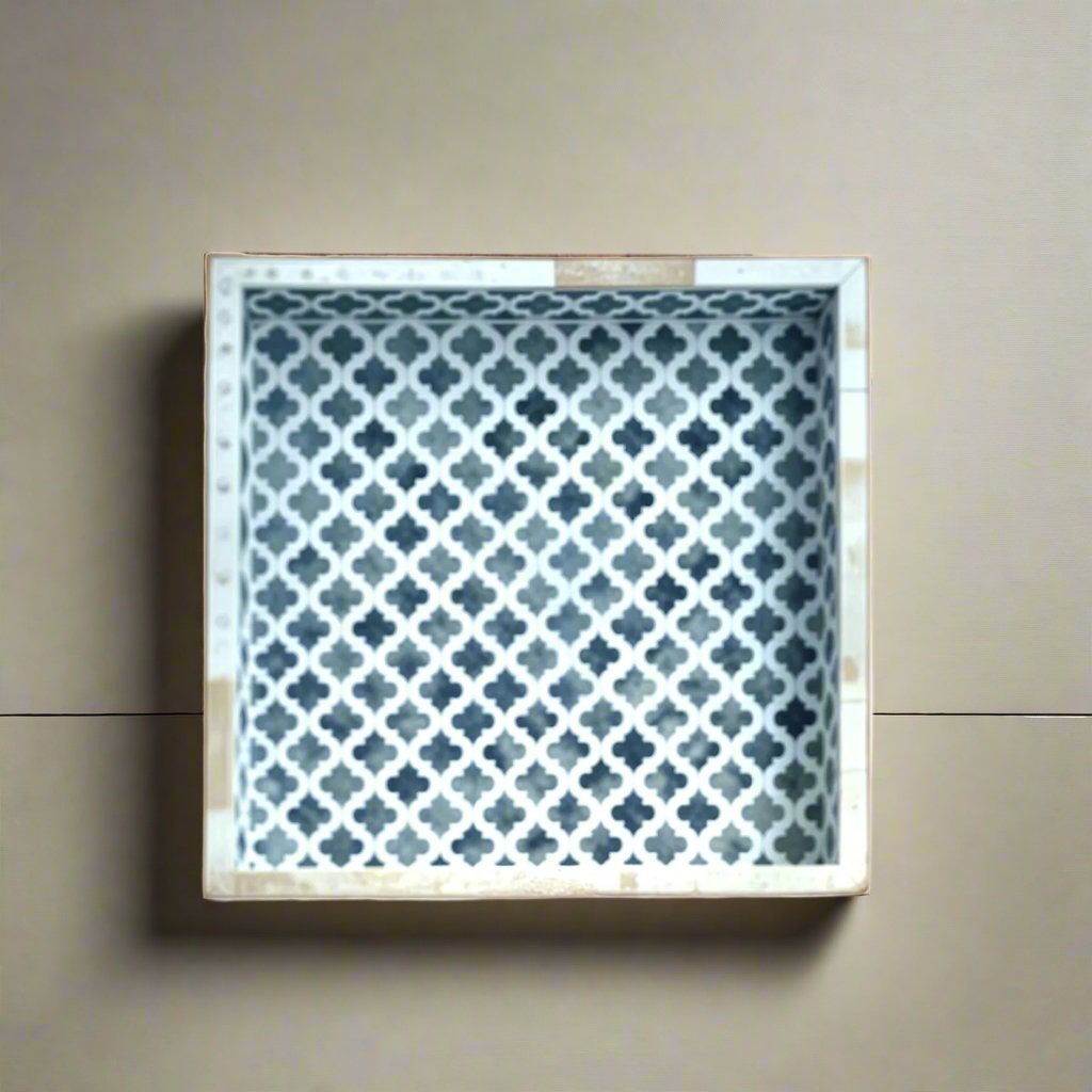 Bone Inlay Tray in geometrical and floral Design - Blue