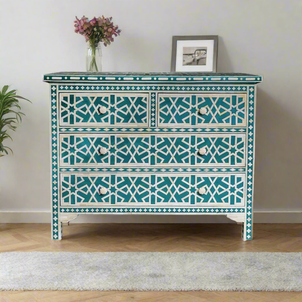 Bone Inlay Chest Of 4 Drawers , Geometric Pattern In Indigo