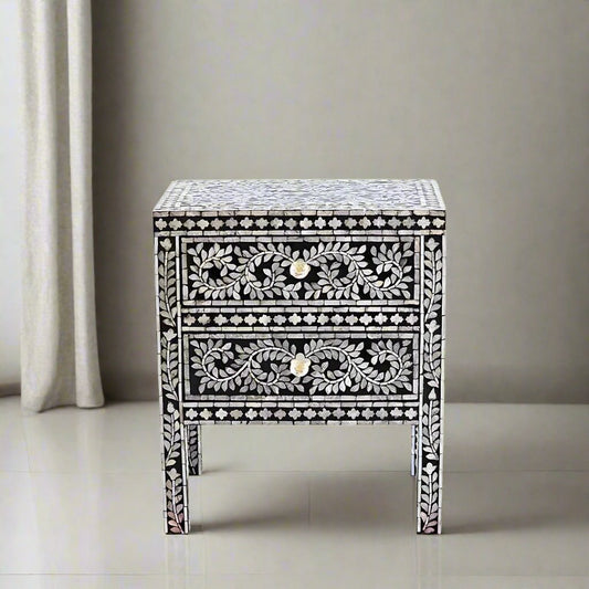 HANDMADE MOTHER OF PEARL INLAY BEDSIDE TABLE- Floral/Black
