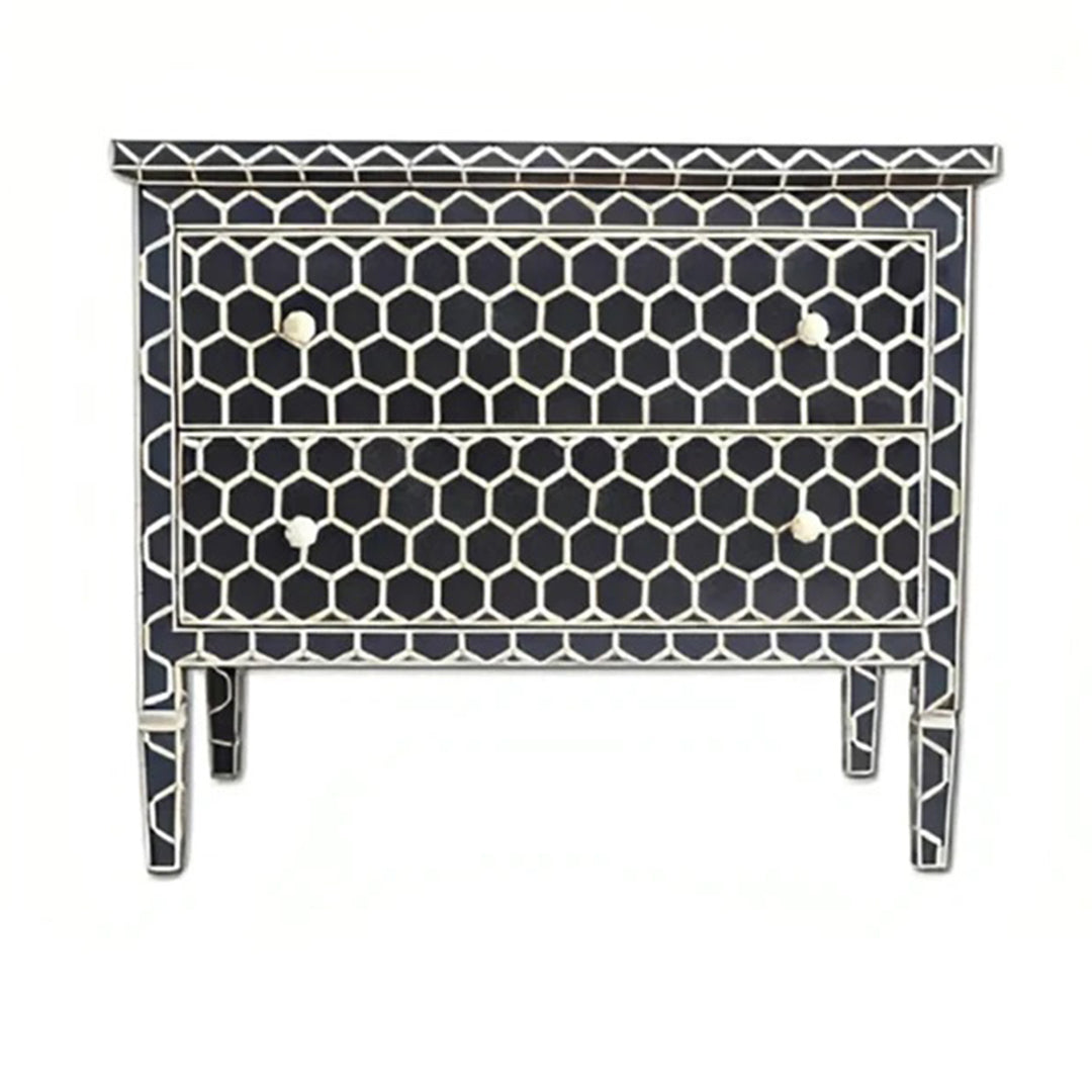 Bone Inlay Chest Of 2 Drawers ,Honeycomb Pattern In Black