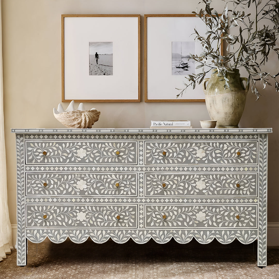Beautiful Bone Inlay Floral pattren Chest Of 6 Drawers In Grey