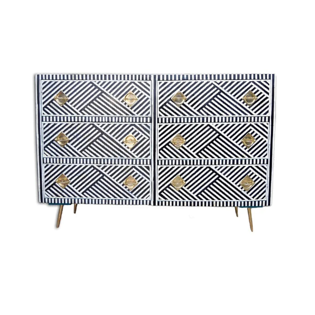 Bone Inlay Chest Of 6 Drawers, Geometric Pattern In Black
