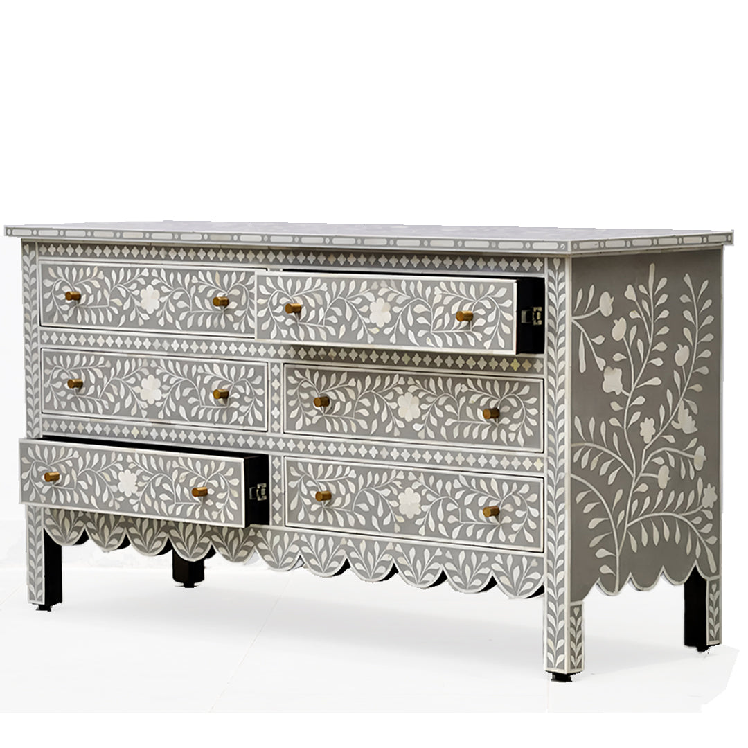 Beautiful Bone Inlay Floral pattren Chest Of 6 Drawers In Grey