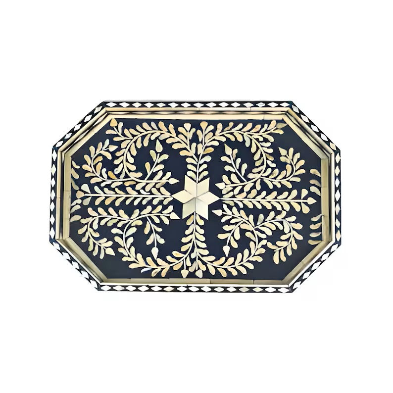 Bone Inlay Tray in floral pattern Tray Design -Black