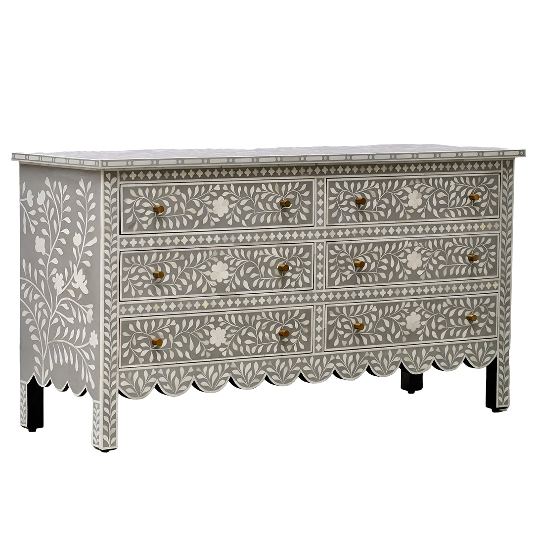 Beautiful Bone Inlay Floral pattren Chest Of 6 Drawers In Grey