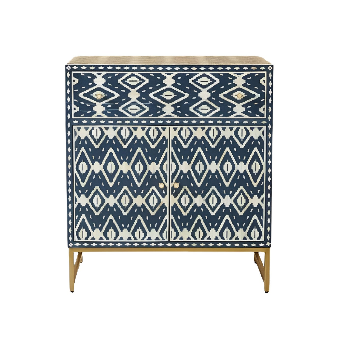 Beautiful Bone Inlay Chest – 1 Drawer & 2 Cabinets - Indigo Geometric Design