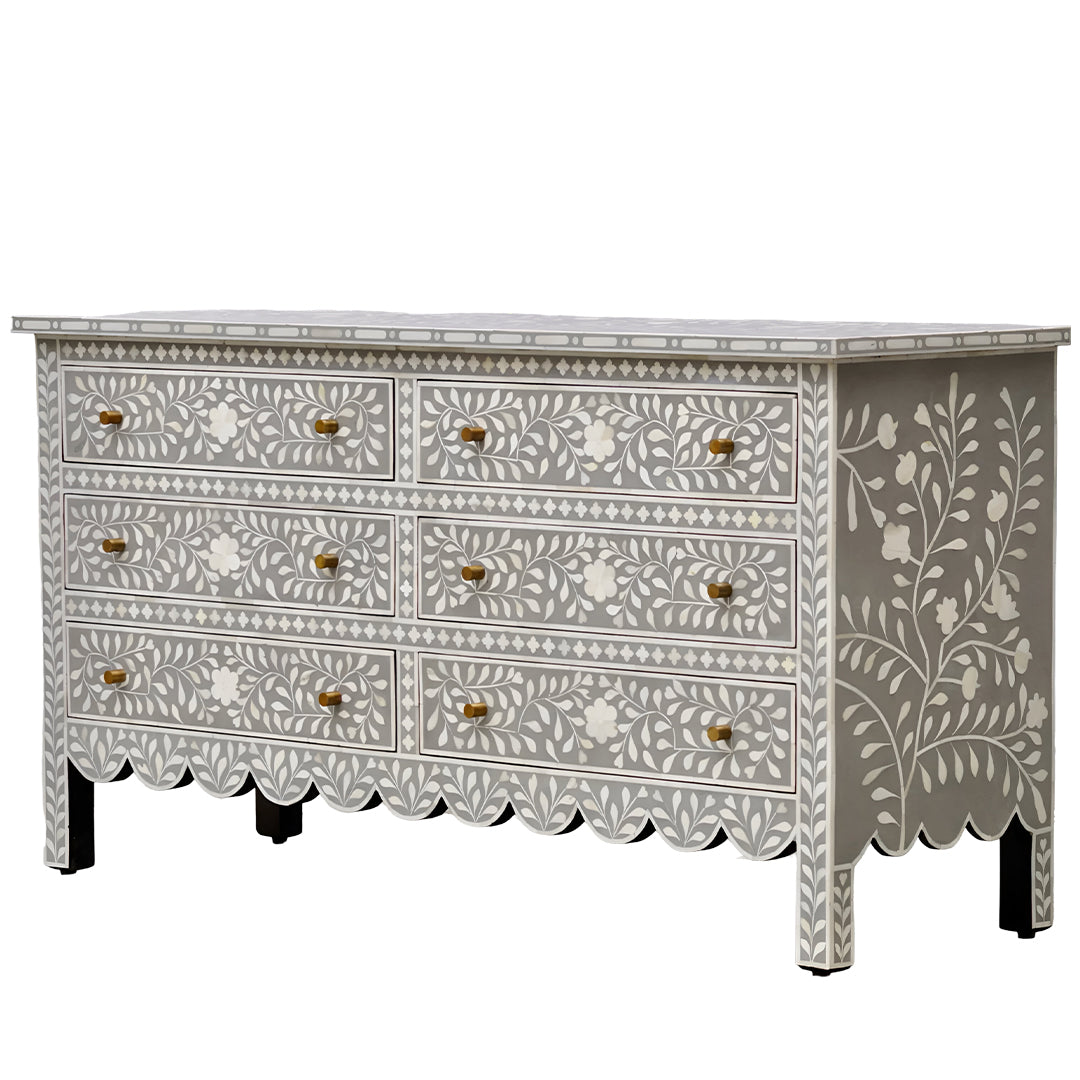 Beautiful Bone Inlay Floral pattren Chest Of 6 Drawers In Grey
