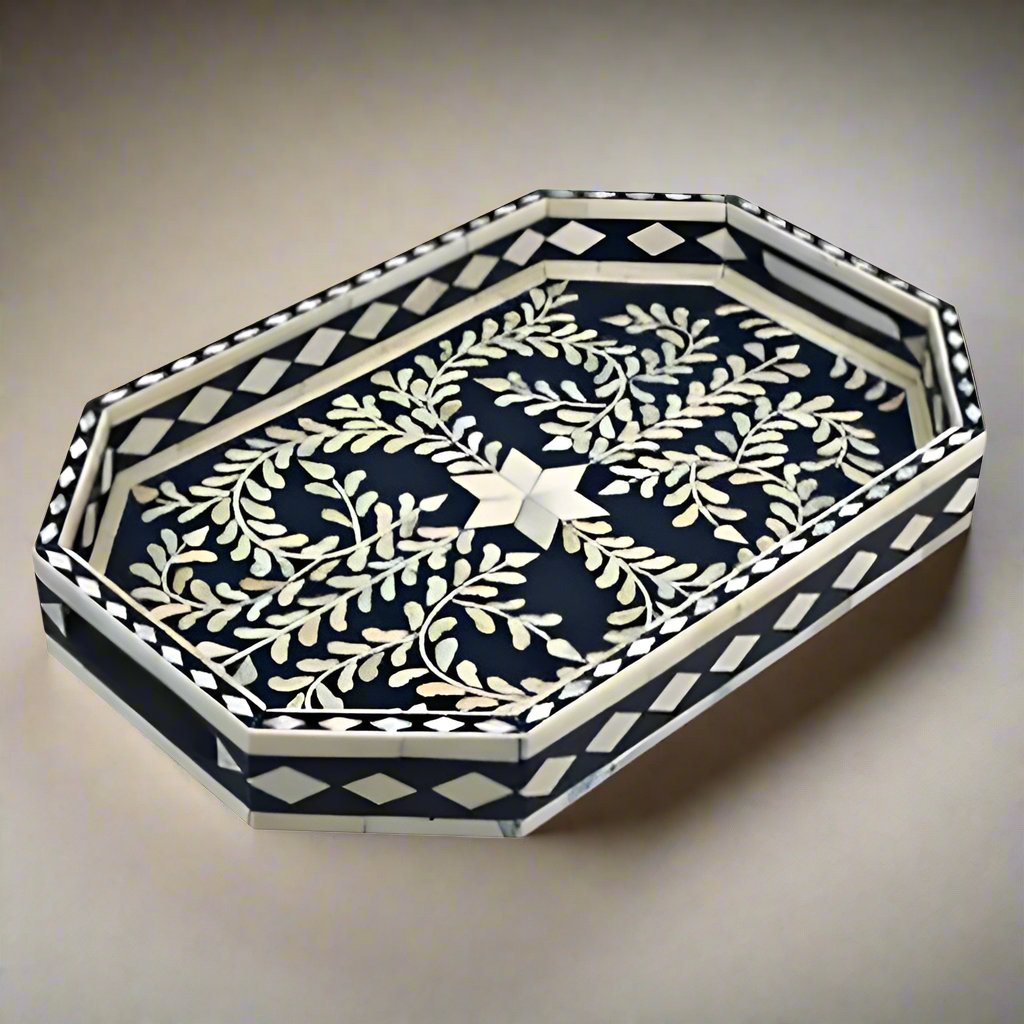 Bone Inlay Tray in floral pattern Tray Design -Black