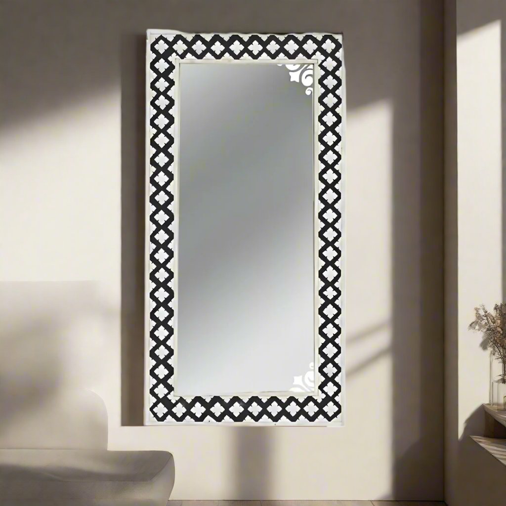 Handmade Bone Inlay Mirror Frame Zikzak Pettren Black color with Complimentary Mirror
