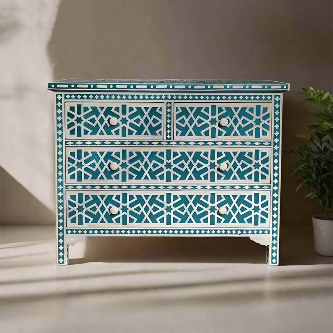 Bone Inlay Chest Of 4 Drawers , Geometric Pattern In Indigo