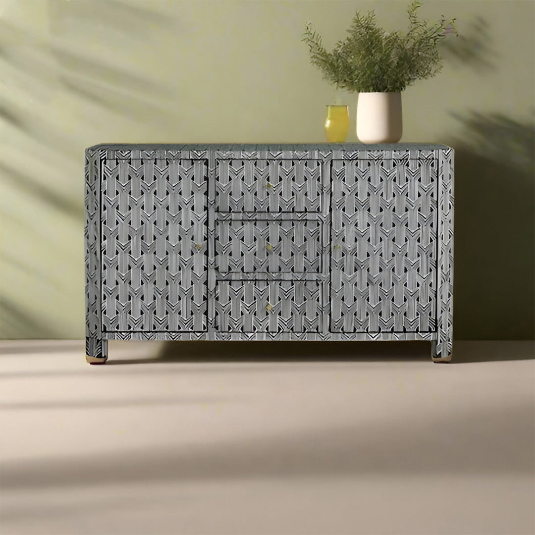Bone Inlay Chest Of 2 Doors And 3 Drawers, Geometric Pattern In Black