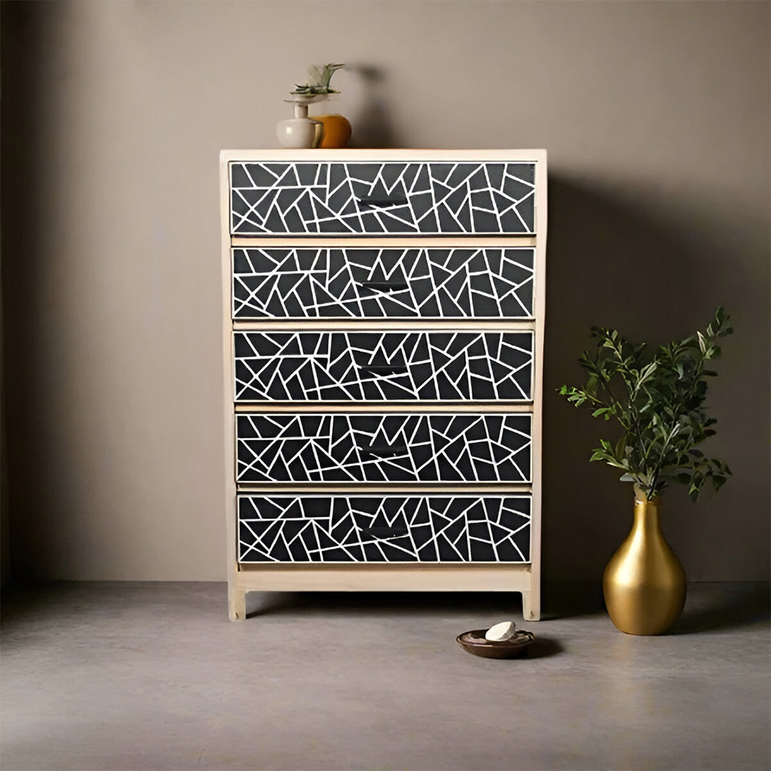 Bone Inlay Chest Of 5 Drawers, Geometric Pattern In Black