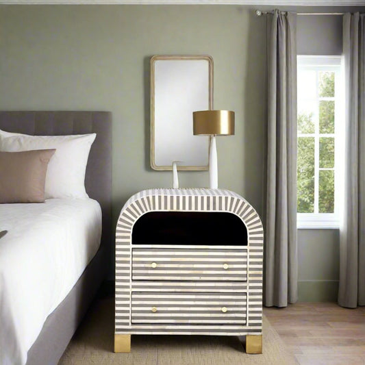 Bone Inlay Curved Bedside Table - Stripe Pattern