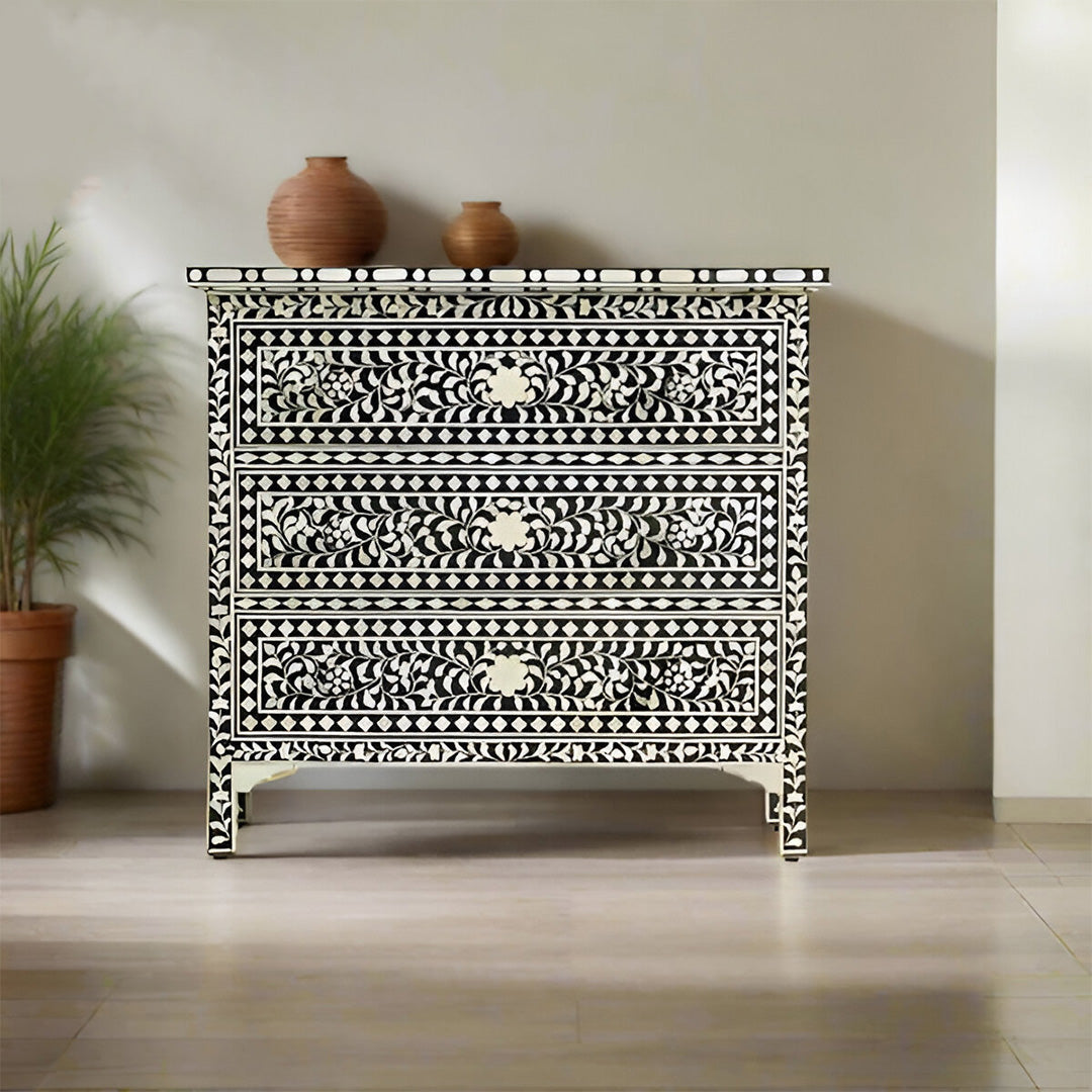 Handcrafted Bone Inlay 3-Drawer Chest – Floral Pattern in Black