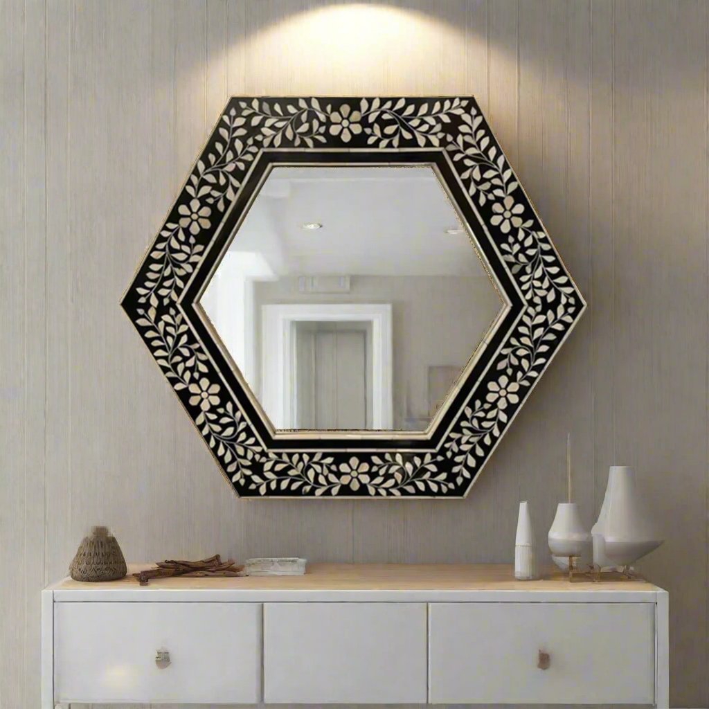 Handmade Customized Bone Inlay Hexagonal Mirror Frame