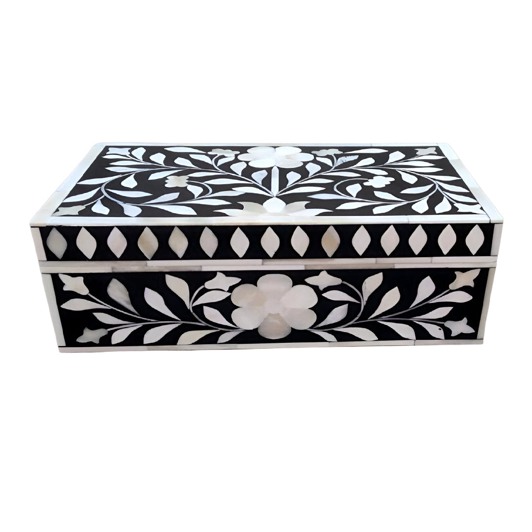 Premium handcrafted bone inlay jewelry organizer box in black floral design for modern home décor