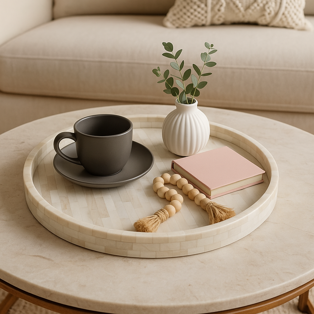 Handmade Customized Bone Inlay Round Decorative Serving Tray for Home & Office