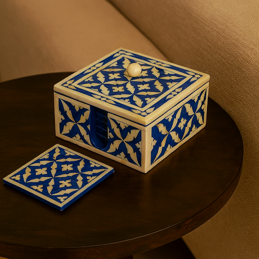 Handmade Customized Bone Inlay Geometric Pattern Set of 4 Tea Coaster