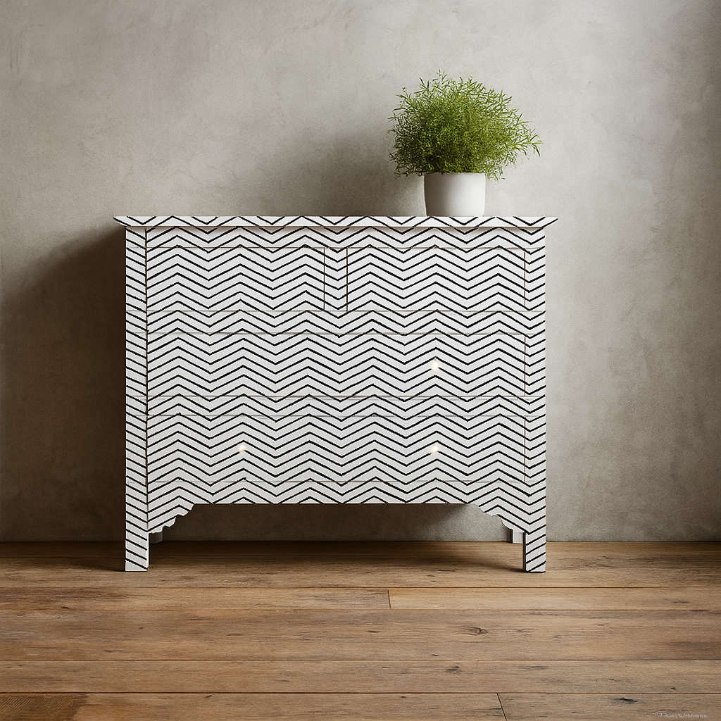 Handcrafted black bone inlay dresser with metal knobs and geometric design