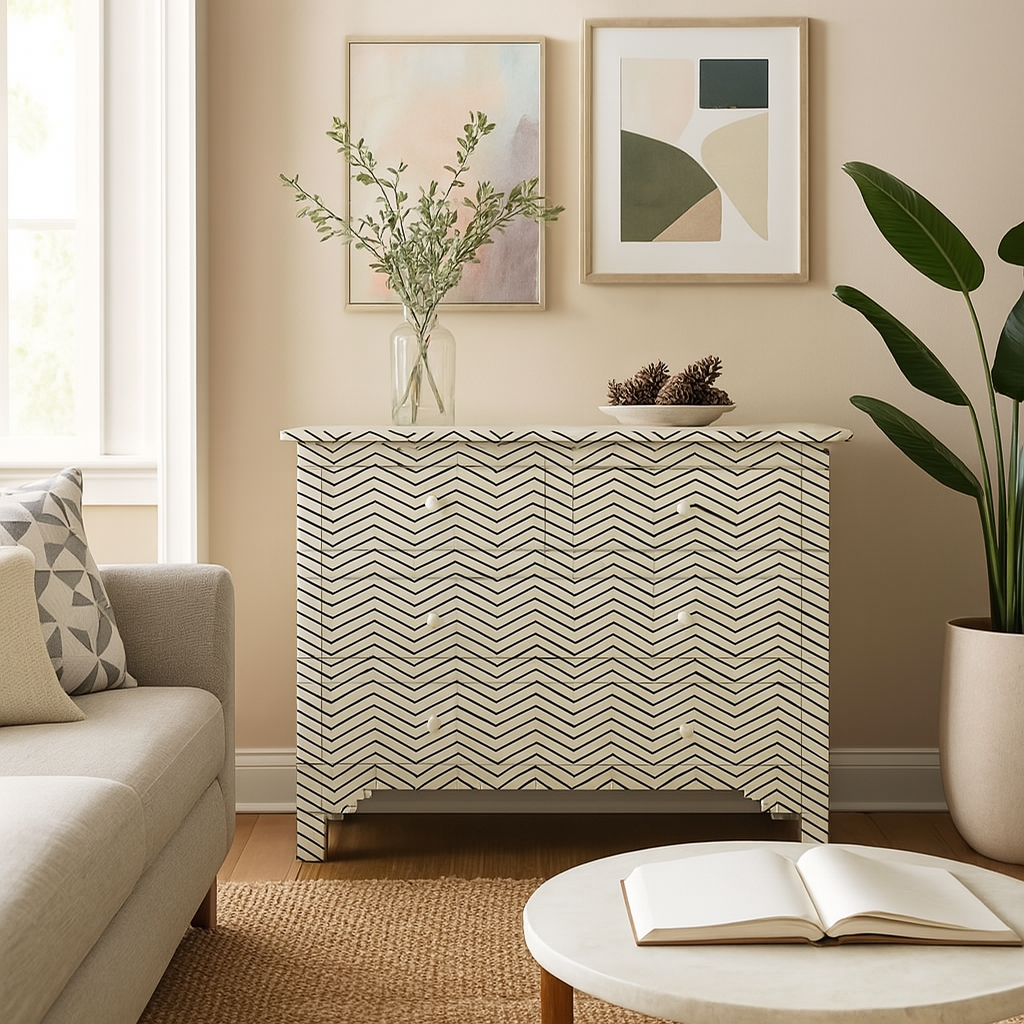 Black Bone Inlay Chest of Drawers – 4-Drawer Handmade Dresser | Chevron Pattern Storage Cabinet