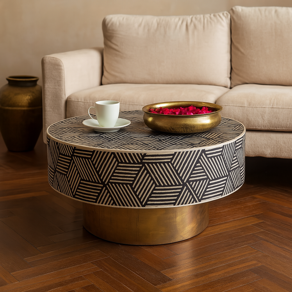 Customized Handmade Bone Inlay Round Coffee Table