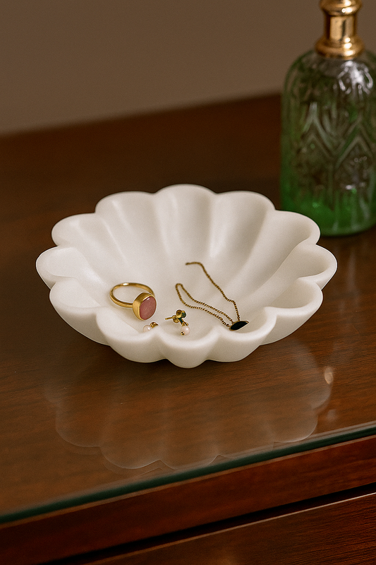 Decorative White Marble Ruffle Bowl – Luxury Jewelry Holder for Dressing Table & Vanity Décor