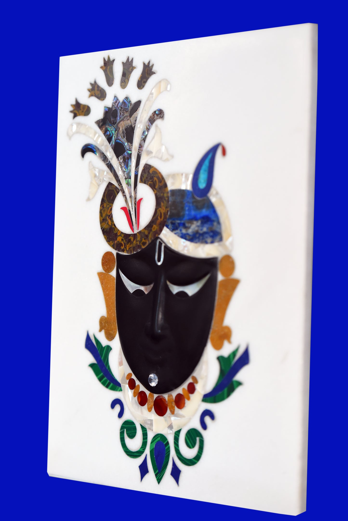 Handcrafted Krishna Marble Inlay Wall Art – Mother of Pearl & Semi-Precious Stone Work