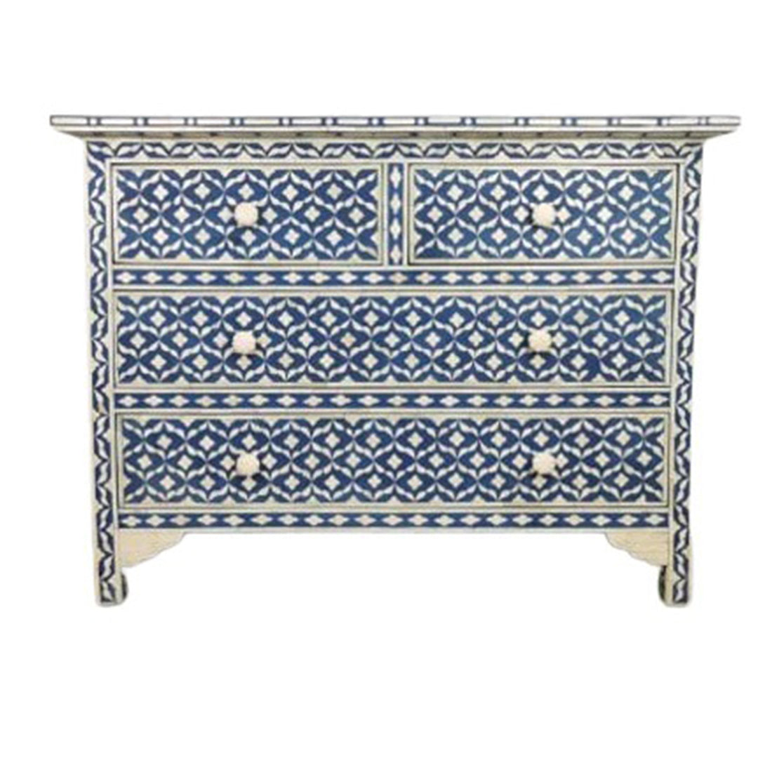 Bone Inlay Chest Of 4 Drawers , Eye Pattern In Indigo