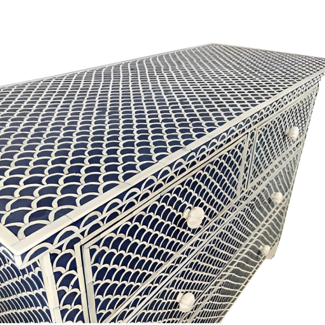 Bone Inlay Chest Of 4 Drawers , Fish Scale Pattern In Indigo