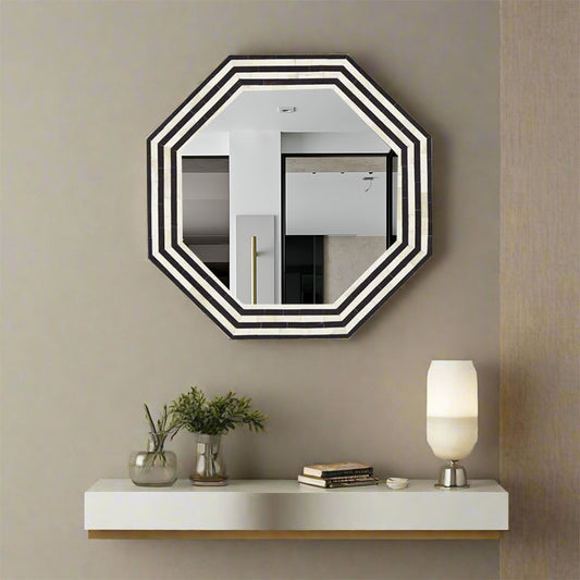 Luxury black and white bone inlay hexagonal wall mirror for modern home décor.