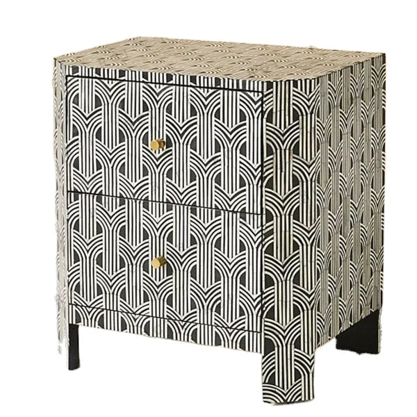 Handmade Geometric Pattern Bone Inlay Bedside Table - Black