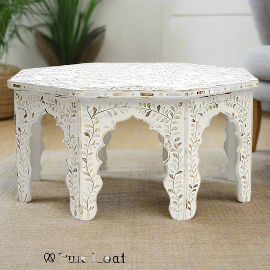 Handmade White bone inlay personalized vintage Octagonal coffee table for home and office decor, living room etc.