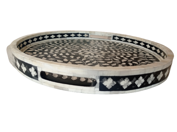 Handmade Customized Bone Inlay Round Serving Tray