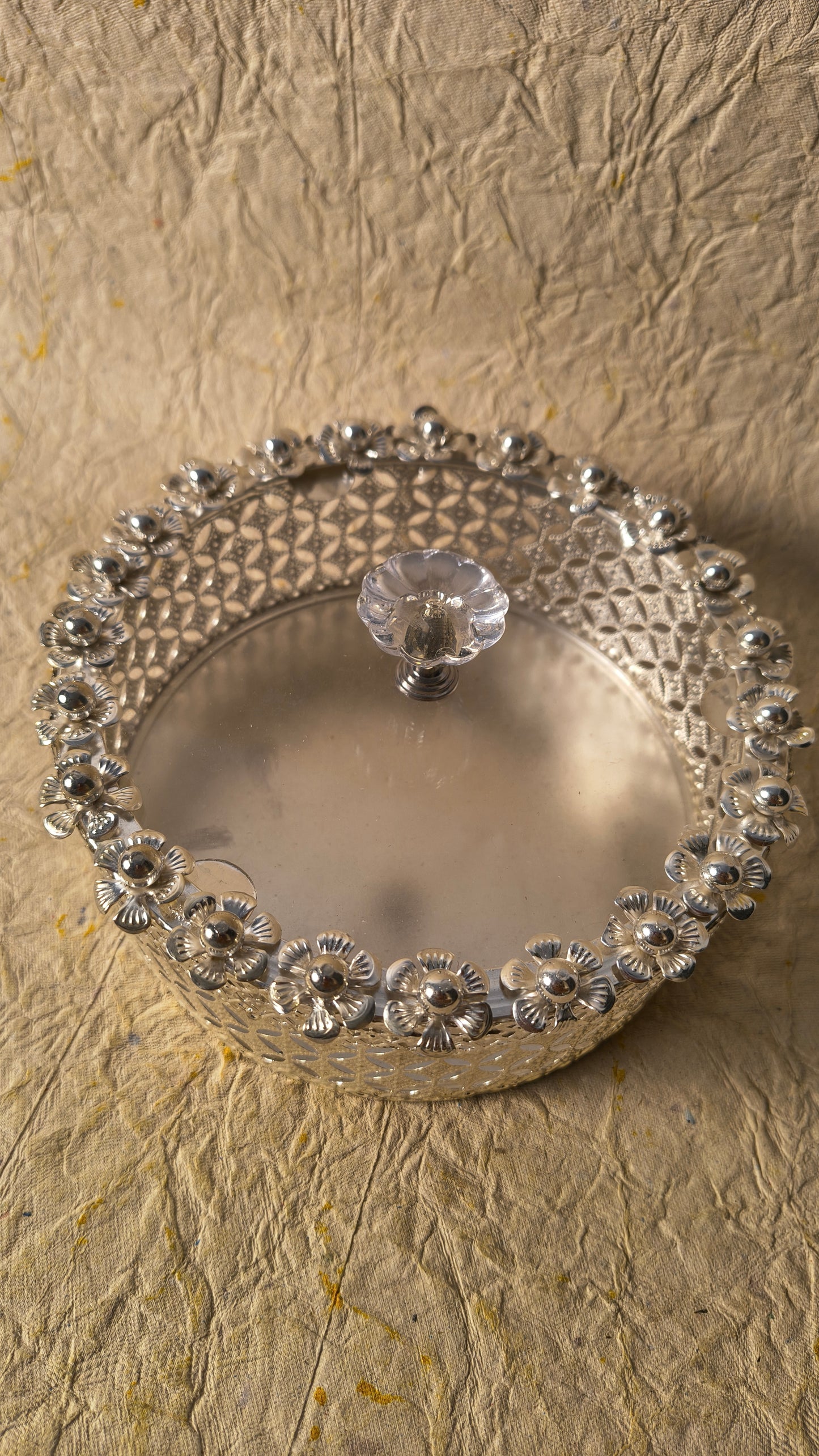 Handcrafted German Silver Circular Filigree Box with Floral Lid & Crystal Knob