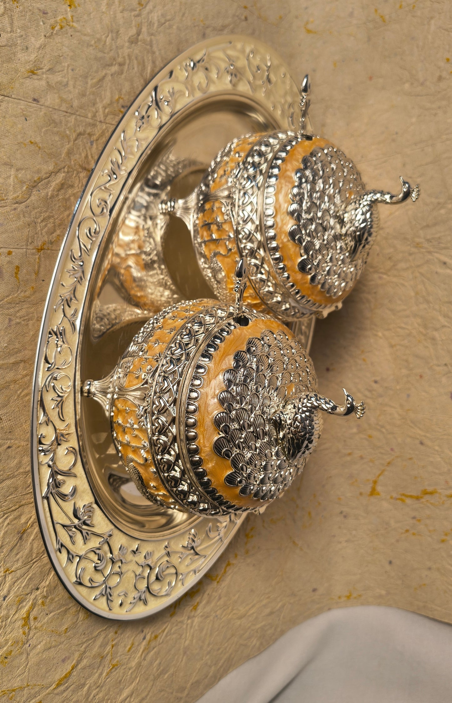 Peacock Dry Fruit Bowl Set with Decorative Tray, Spoon & Lid (5-Piece Set) in Silver Finish for Serving & Gifting.