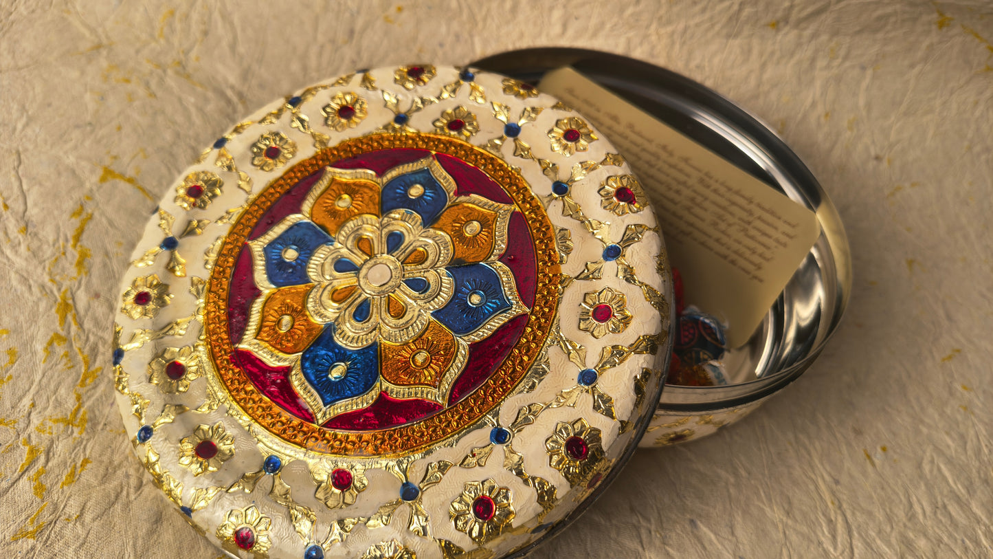 Royal Handcrafted Meenakari Design Round Gift Box / Dry Fruit Container