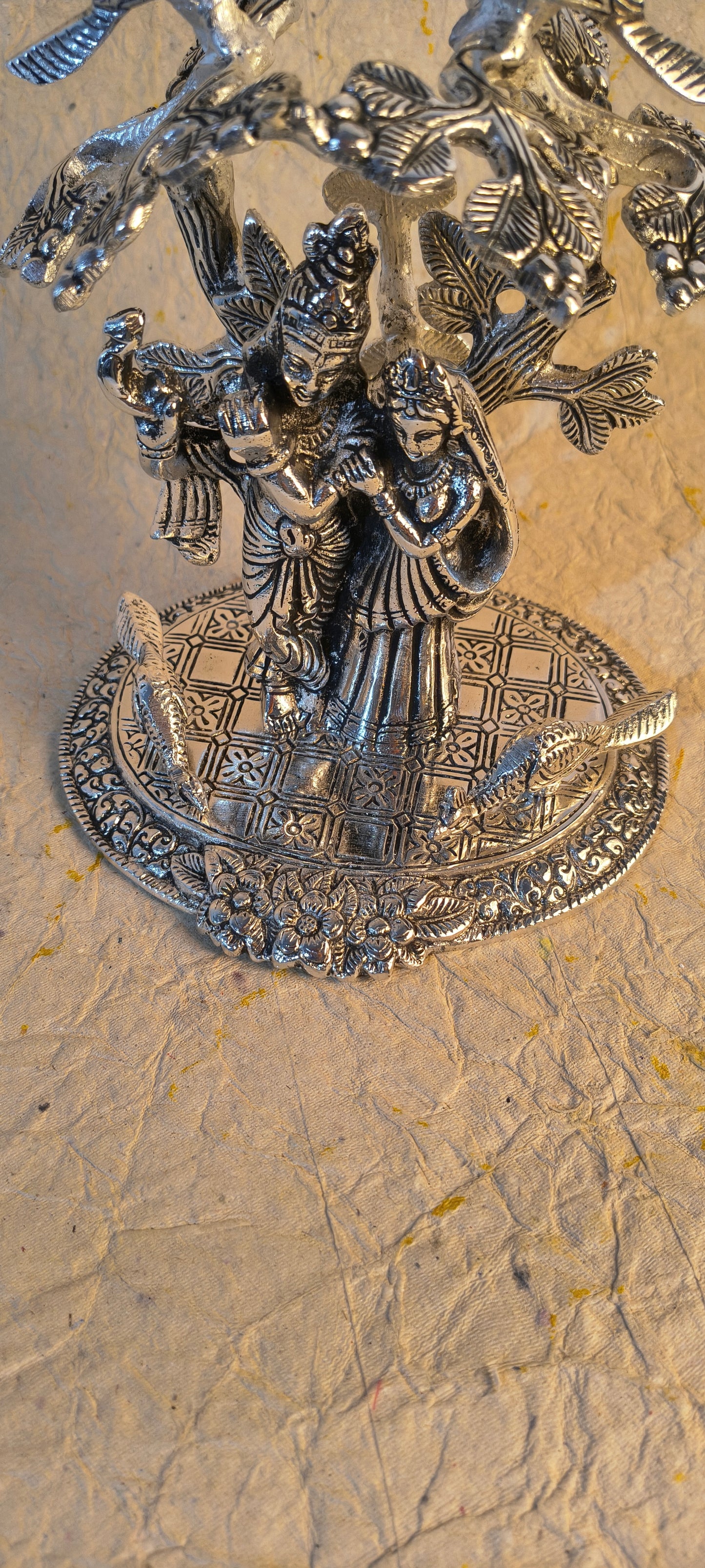 Divine German Silver Radha Krishna Idol Standing Under Tree with Birds