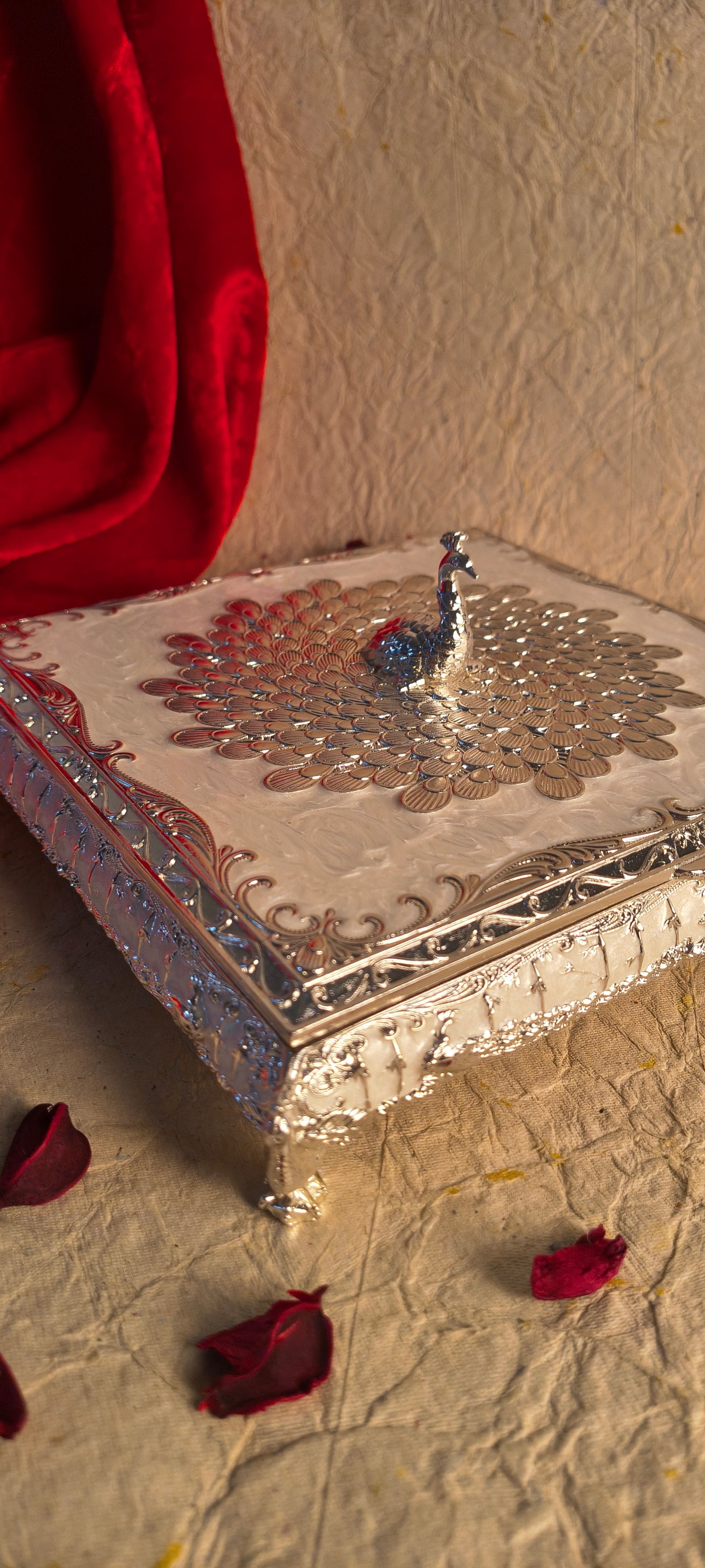 Royal Silver & White Peacock Design Jewelry / Dry Fruit Box