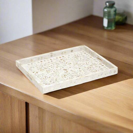Handmade Mother of Pearl inlay White Floral Pattern Rectangular Tray for Home Decor