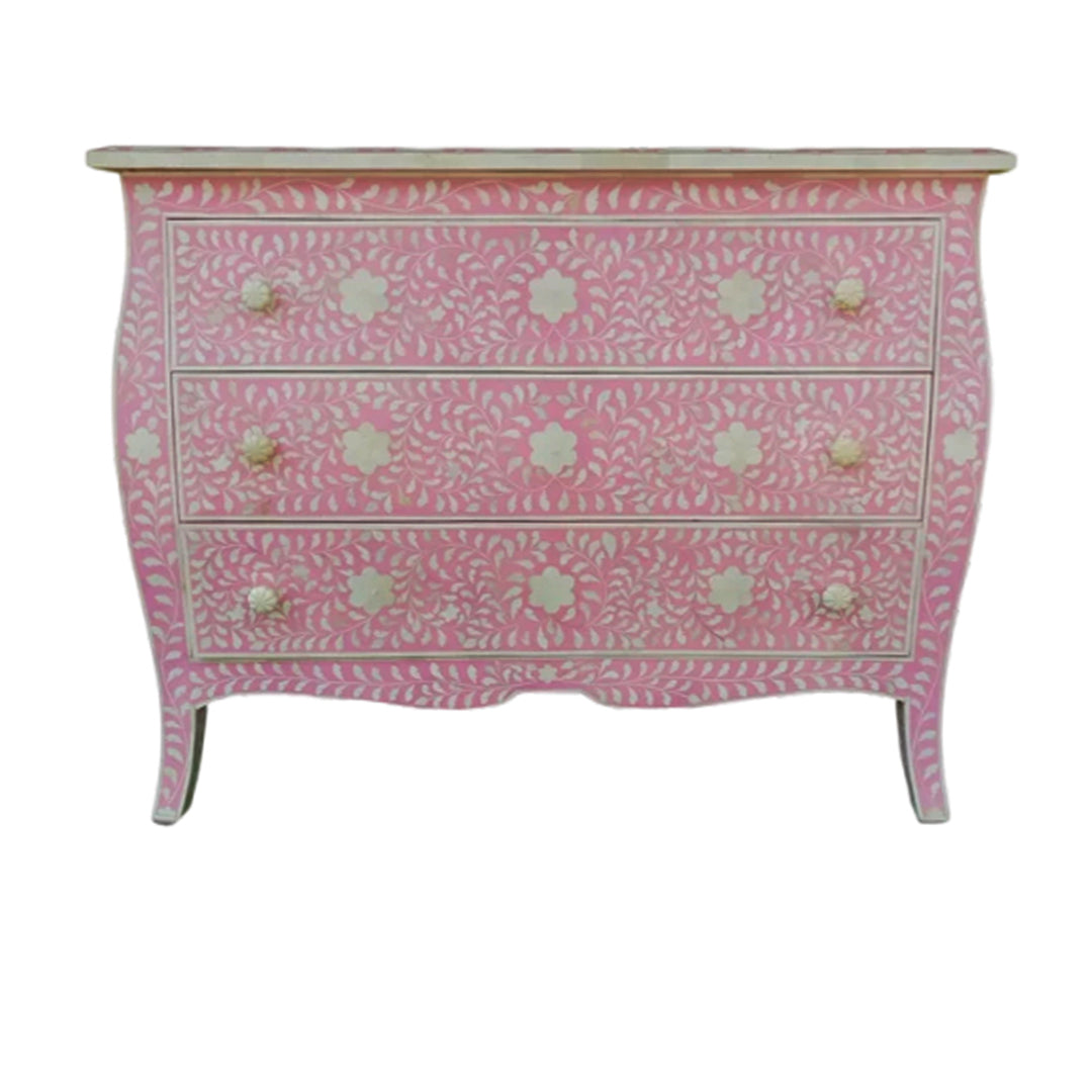 Bone Inlay Chest Of 3 Drawers, Floral Vintage Pattern In Pink