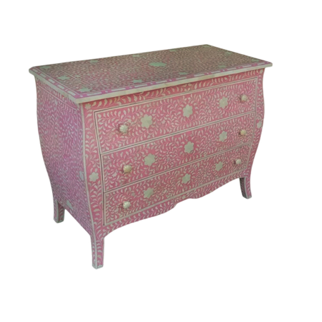 Bone Inlay Chest Of 3 Drawers, Floral Vintage Pattern In Pink