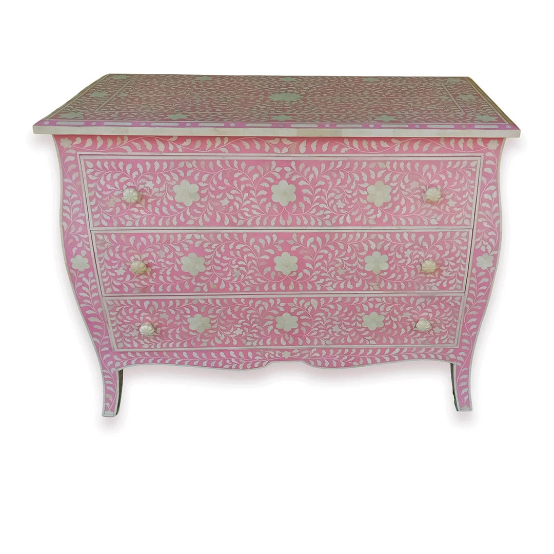 Bone Inlay Chest Of 3 Drawers, Floral Vintage Pattern In Pink