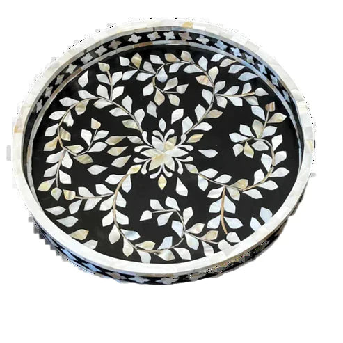 Mother of Pearl Round Serving Tray Black for Home & Office