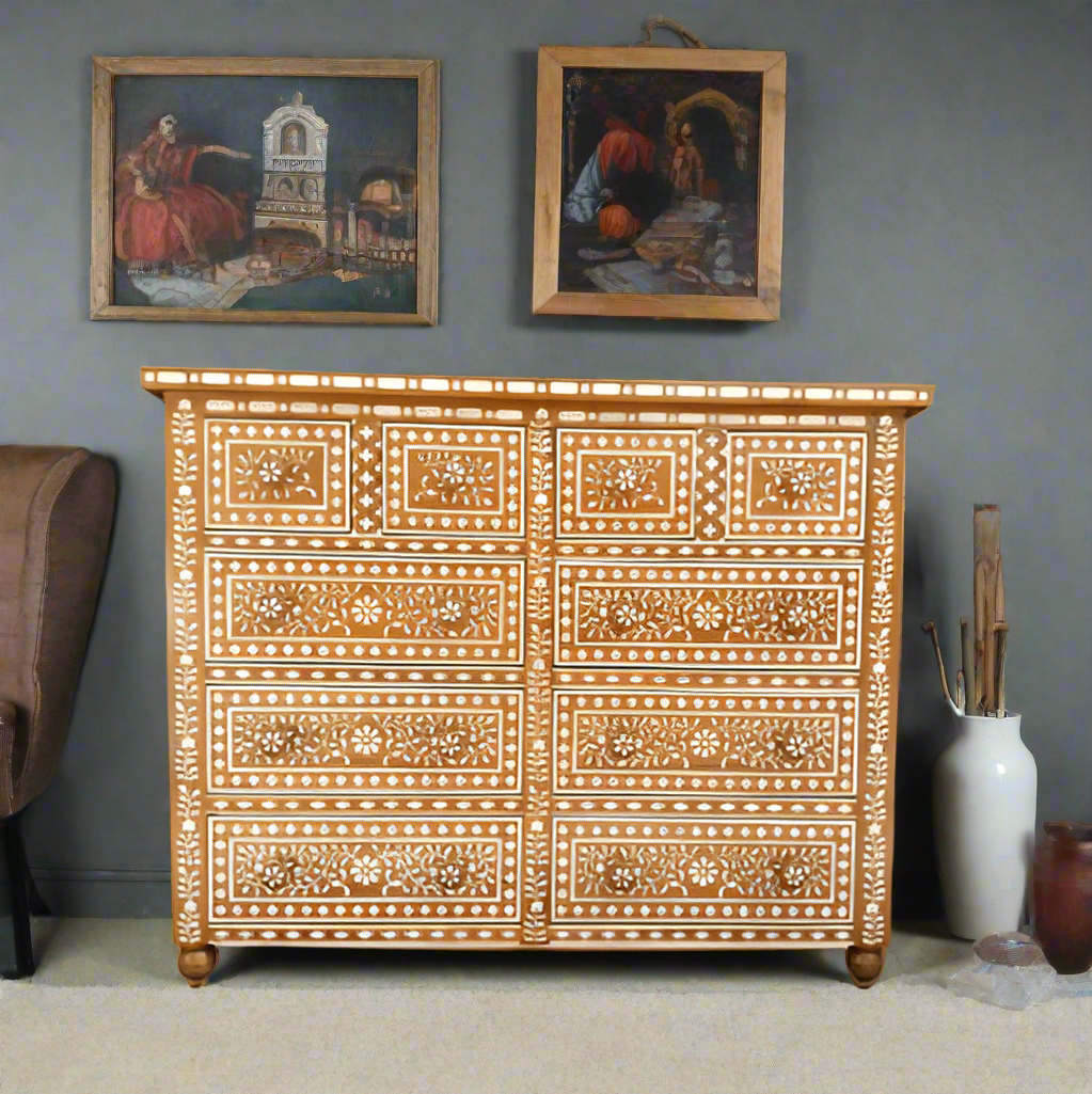 Handcrafted Antique Bone Inlay Chest of 10 Drawers