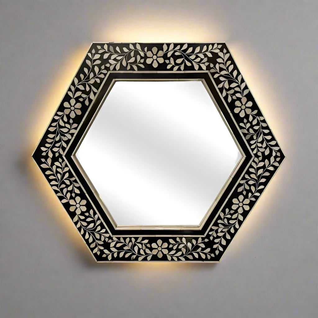 Handmade Customized Bone Inlay Hexagonal Mirror Frame