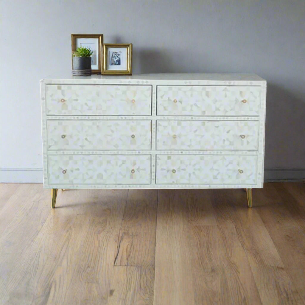 Bone Inlay Chest Of 6 Drawers, Moroccan Pattern